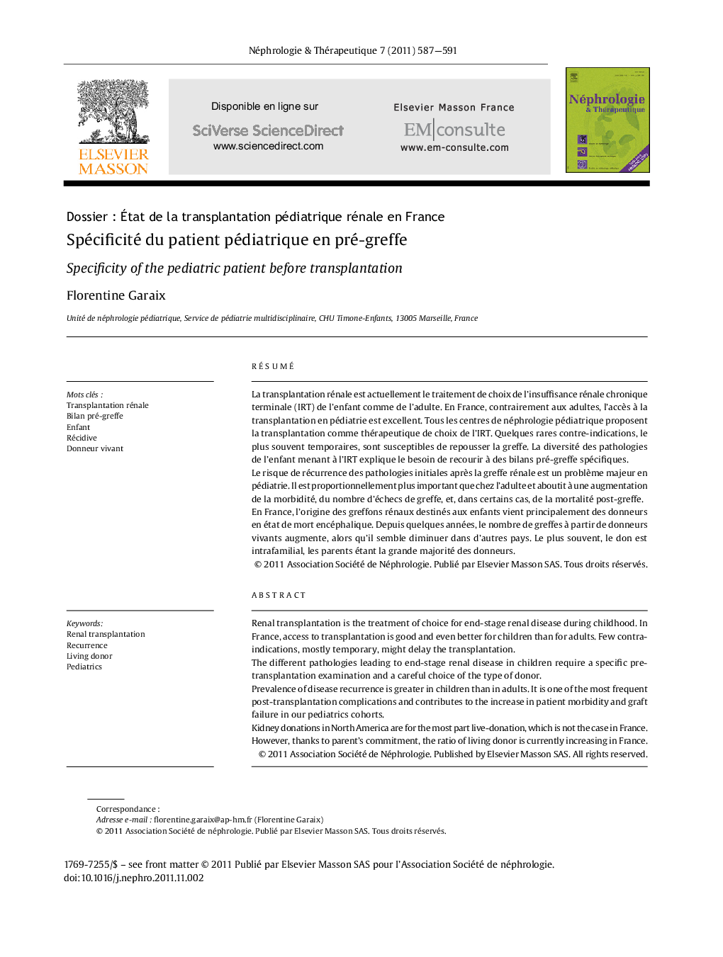 Spécificité du patient pédiatrique en pré-greffe