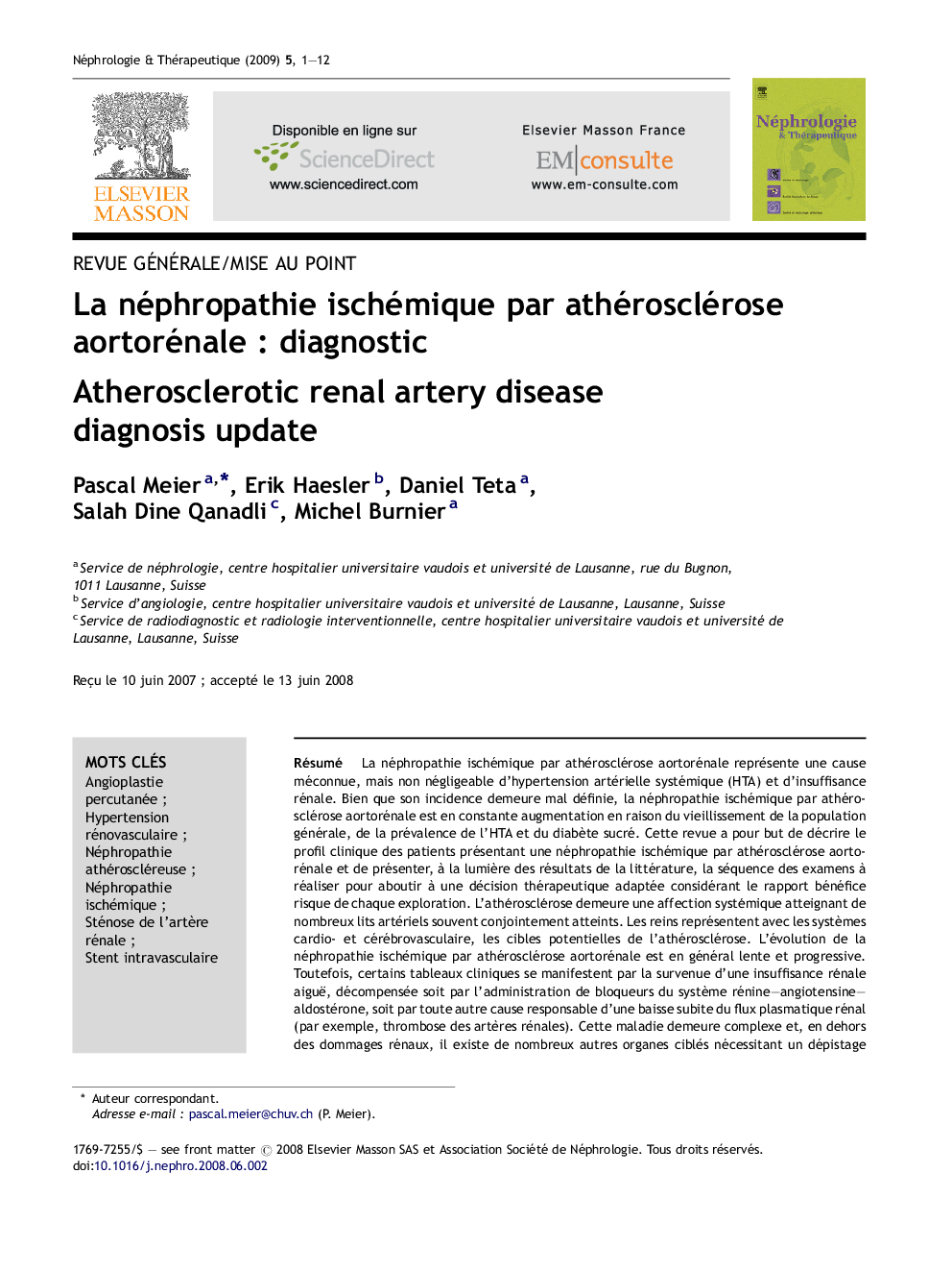 La néphropathie ischémique par athérosclérose aortorénale : diagnostic