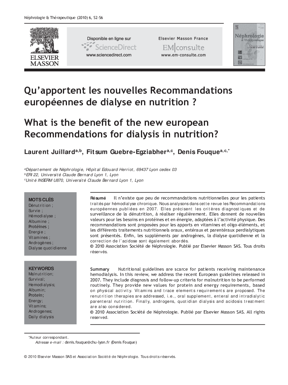 عکس صفحه اول مقاله: Qu’apportent les nouvelles Recommandations européennes de dialyse en nutrition ? Qu’apportent les nouvelles Recommandations européennes de dialyse en nutrition ?