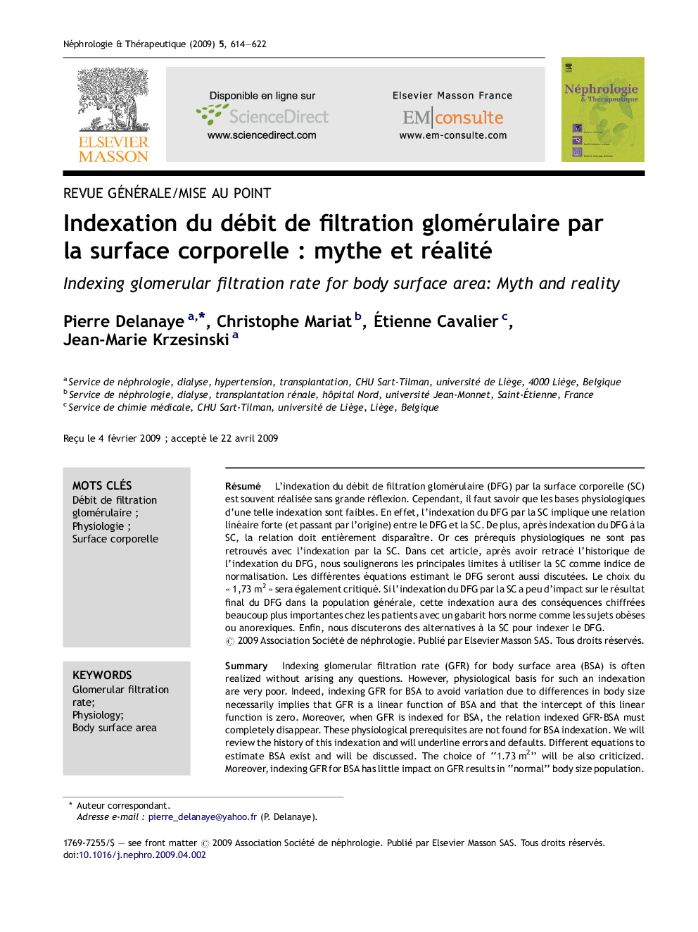 Indexation du débit de filtration glomérulaire par la surface corporelle : mythe et réalité