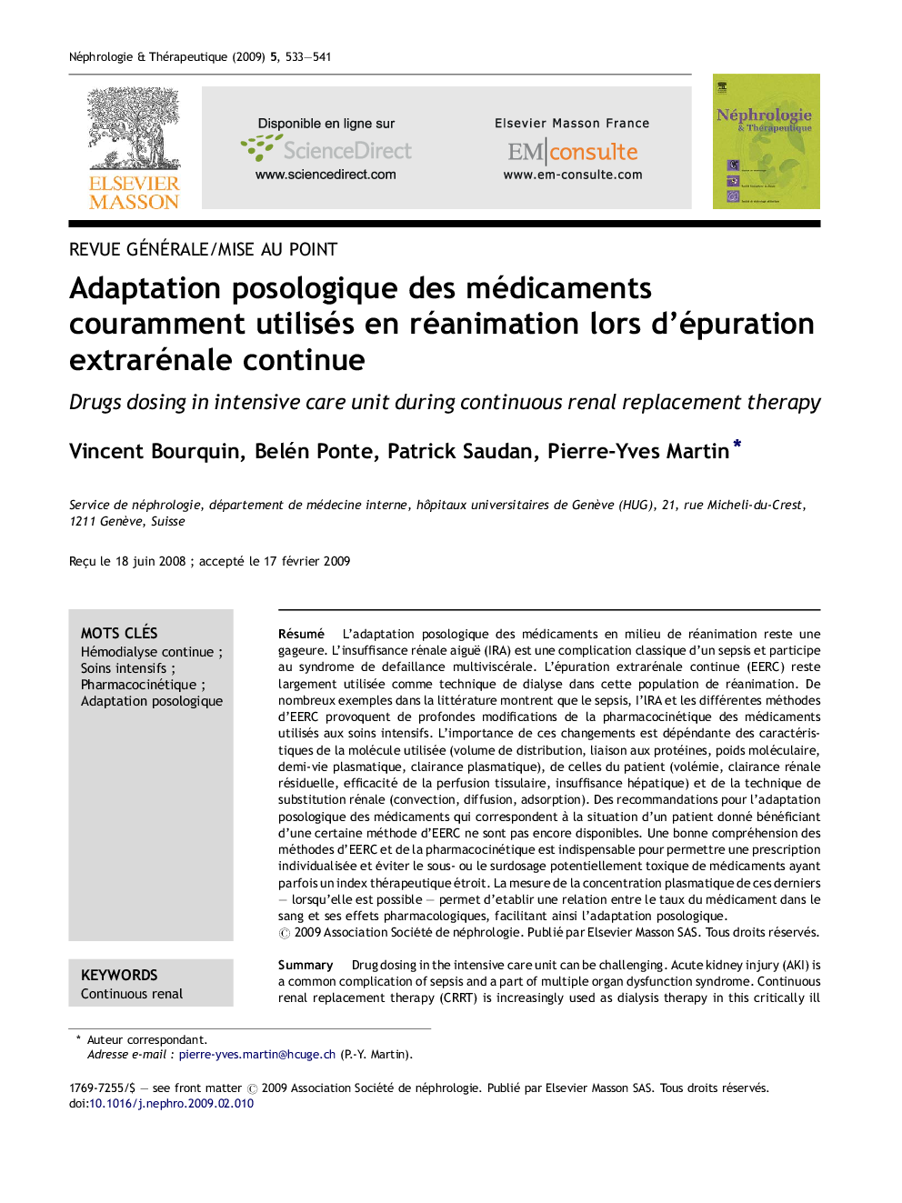 Adaptation posologique des médicaments couramment utilisés en réanimation lors d’épuration extrarénale continue