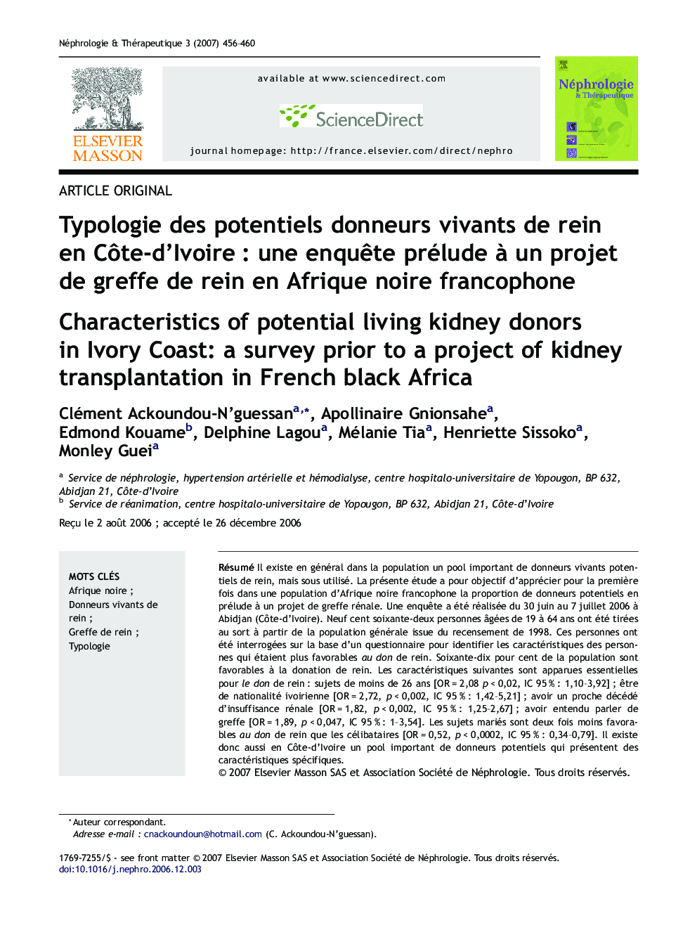 Typologie des potentiels donneurs vivants de rein en Côte-d'Ivoire : une enquête prélude à un projet de greffe de rein en Afrique noire francophone