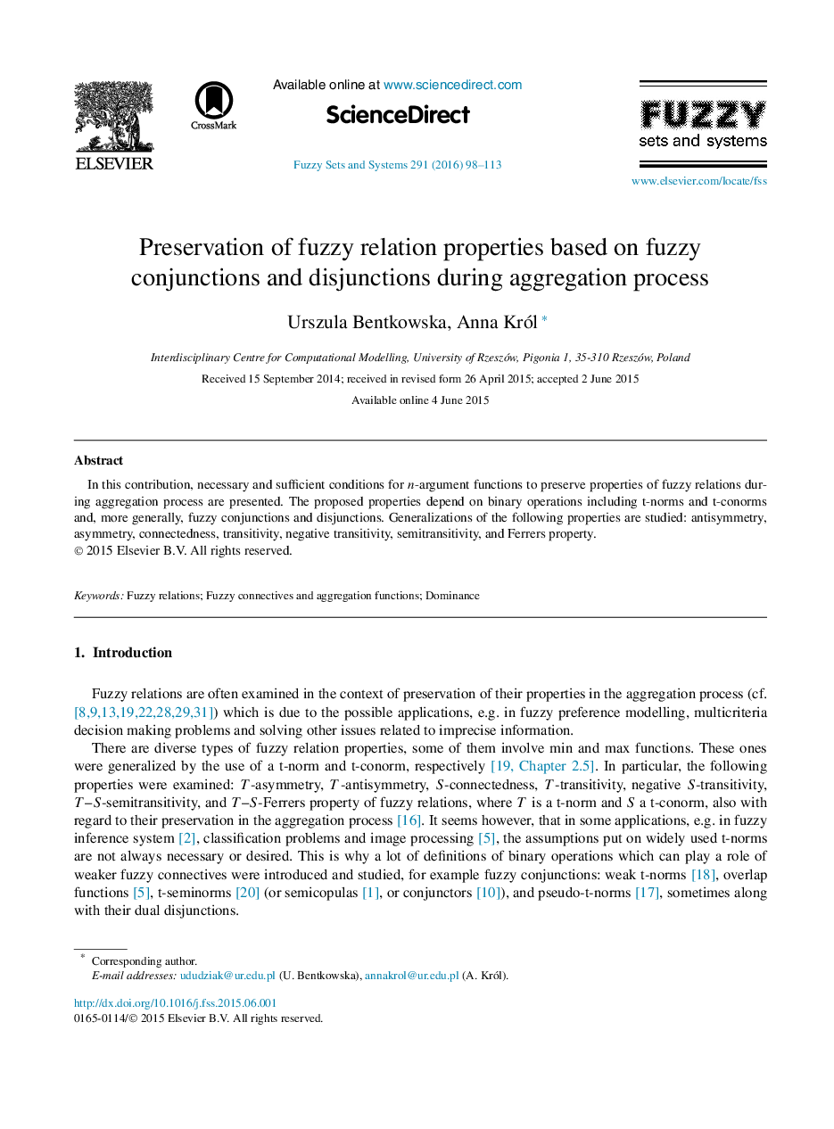 Preservation of fuzzy relation properties based on fuzzy conjunctions and disjunctions during aggregation process