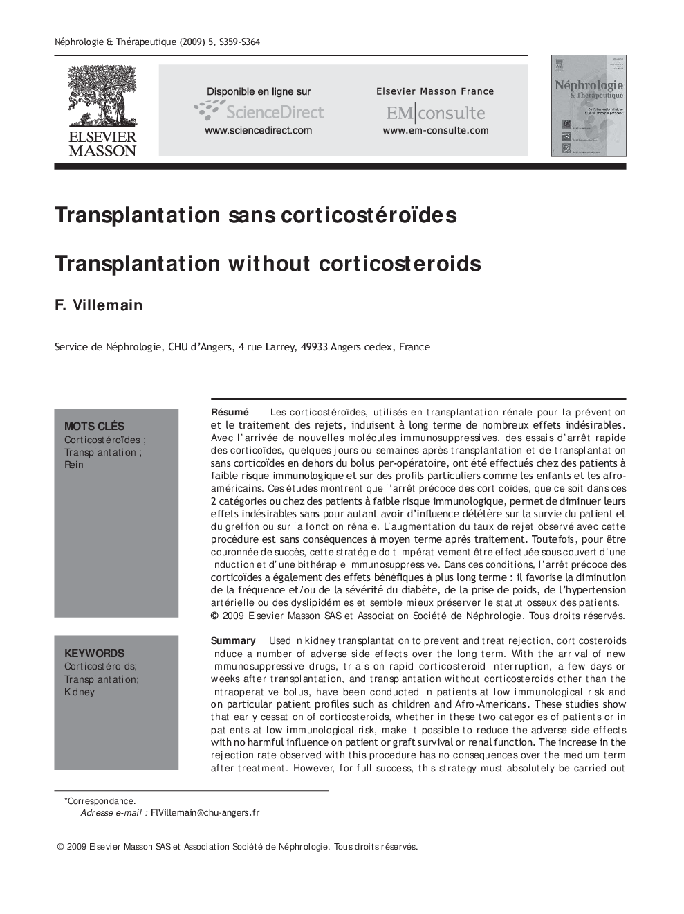 عکس صفحه اول مقاله: Transplantation sans corticostéroïdes Transplantation sans corticostéroïdes