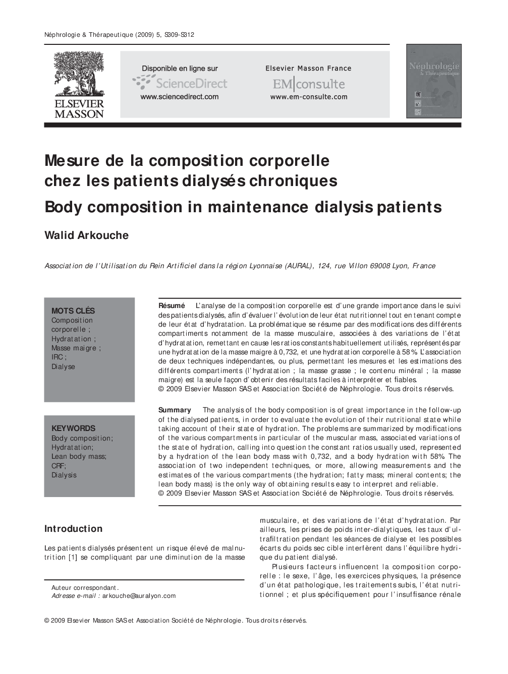 عکس صفحه اول مقاله: Mesure de la composition corporelle chez les patients dialysés chroniques Mesure de la composition corporelle chez les patients dialysés chroniques