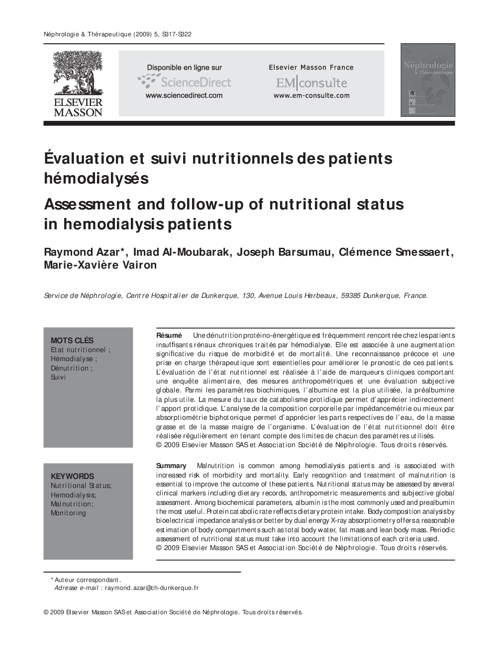 عکس صفحه اول مقاله: Évaluation et suivi nutritionnels des patients hémodialysés Évaluation et suivi nutritionnels des patients hémodialysés