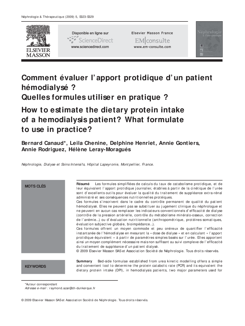 عکس صفحه اول مقاله: Comment évaluer l’apport protidique d’un patient hémodialysé ? Quelles formules utiliser en pratique ? Comment évaluer l’apport protidique d’un patient hémodialysé ? Quelles formules utiliser en pratique ?