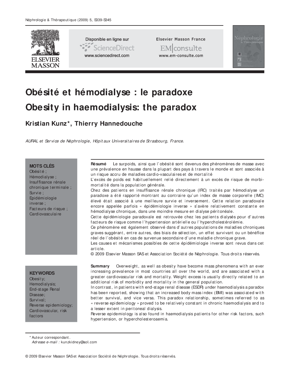 عکس صفحه اول مقاله: Obésité et hémodialyse : le paradoxe Obésité et hémodialyse : le paradoxe