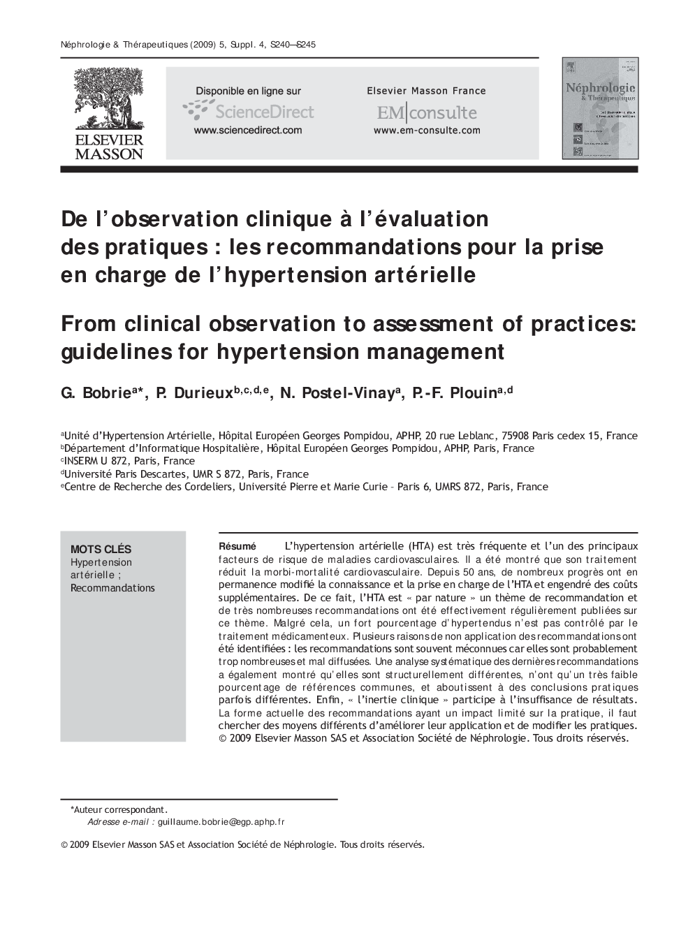 De l’observation clinique à l’évaluation des pratiques : les recommandations pour la prise en charge de l’hypertension artérielle