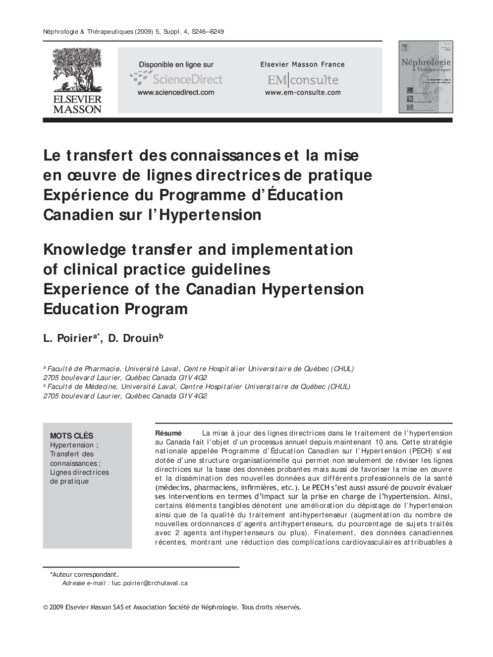 عکس صفحه اول مقاله: Le transfert des connaissances et la mise en œuvre de lignes directrices de pratique Expérience du Programme d’Éducation Canadien sur l’Hypertension Le transfert des connaissances et la mise en œuvre de lignes directrices de pratique Expérience du Programme d’Éducation Canadien sur l’Hypertension