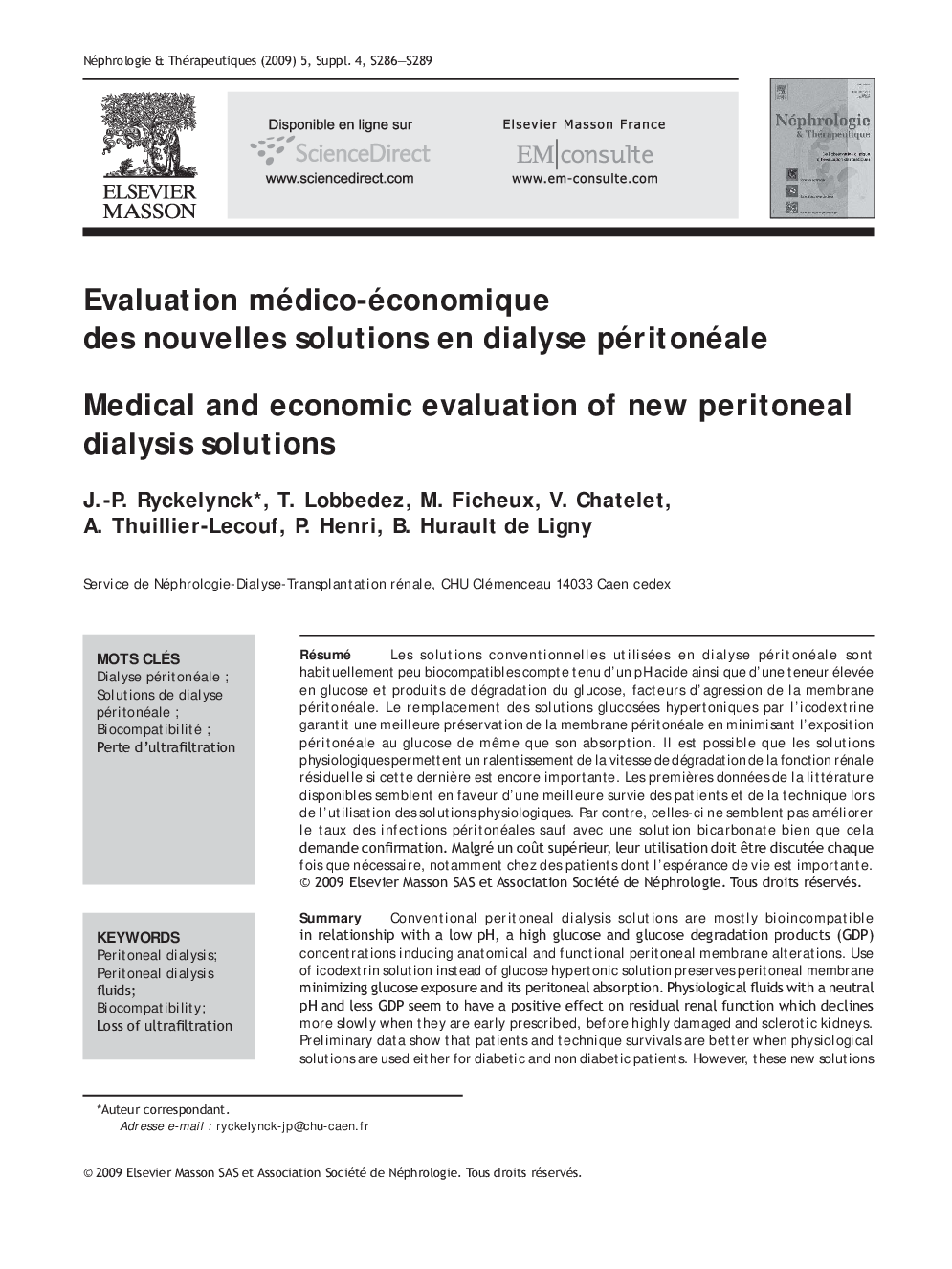 عکس صفحه اول مقاله: Evaluation médico-économique des nouvelles solutions en dialyse péritonéale Evaluation médico-économique des nouvelles solutions en dialyse péritonéale