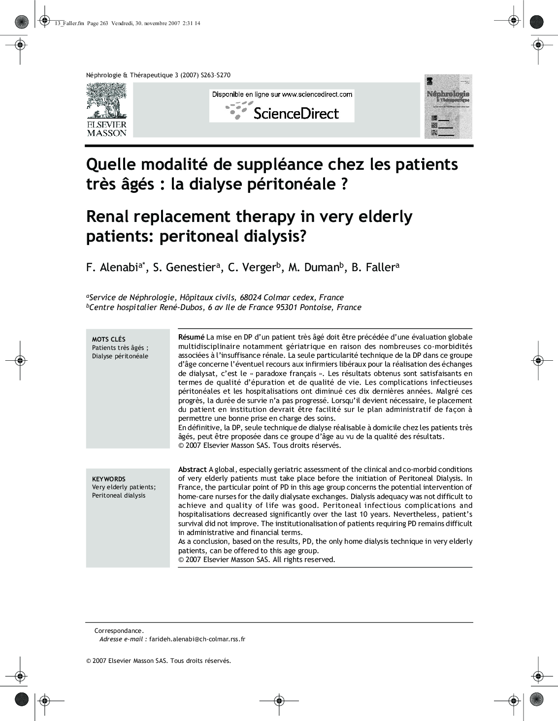 Quelle modalité de suppléance chez les patients très âgés : la dialyse péritonéale ?