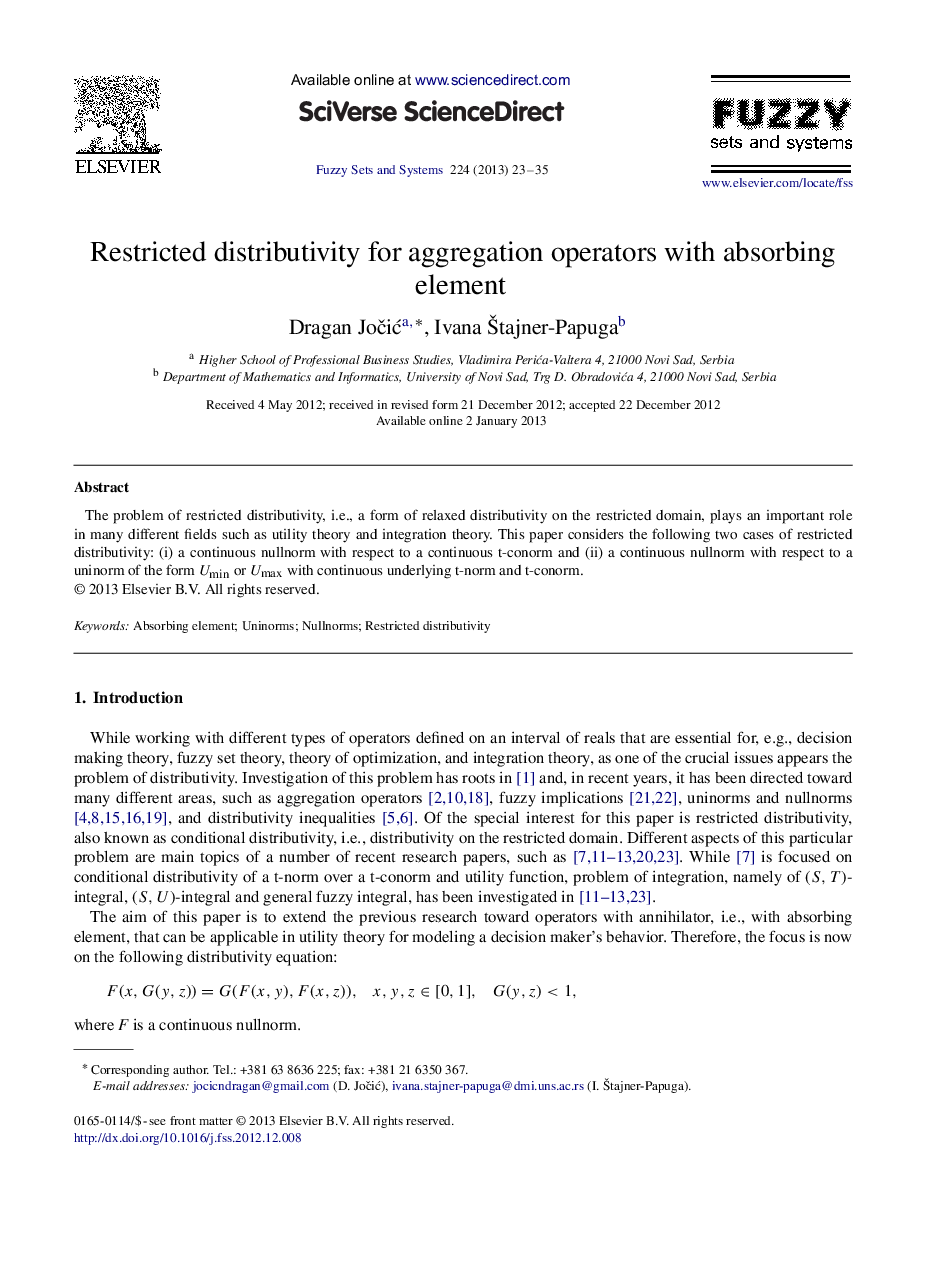 Restricted distributivity for aggregation operators with absorbing element