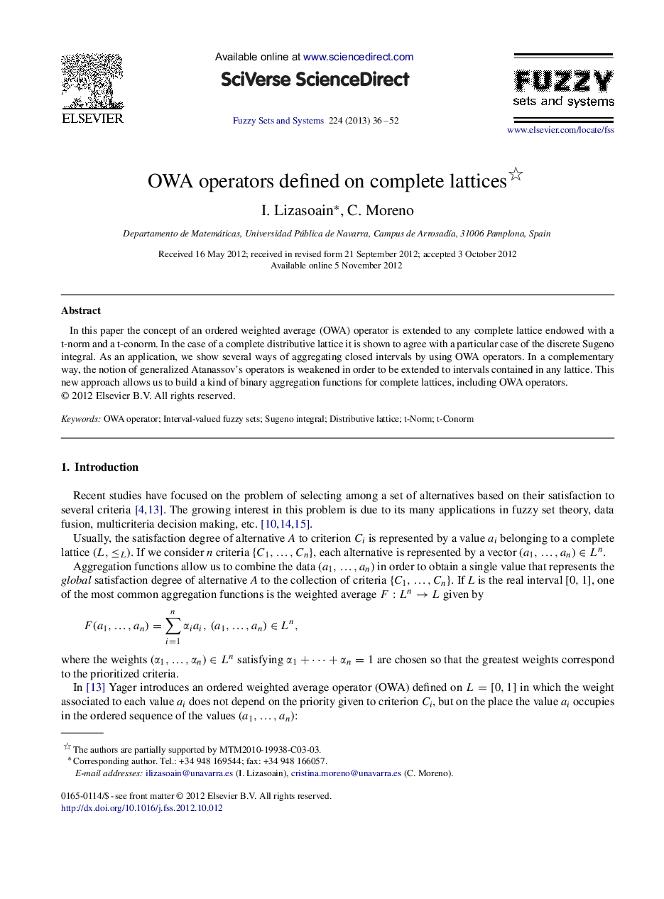 OWA operators defined on complete lattices 