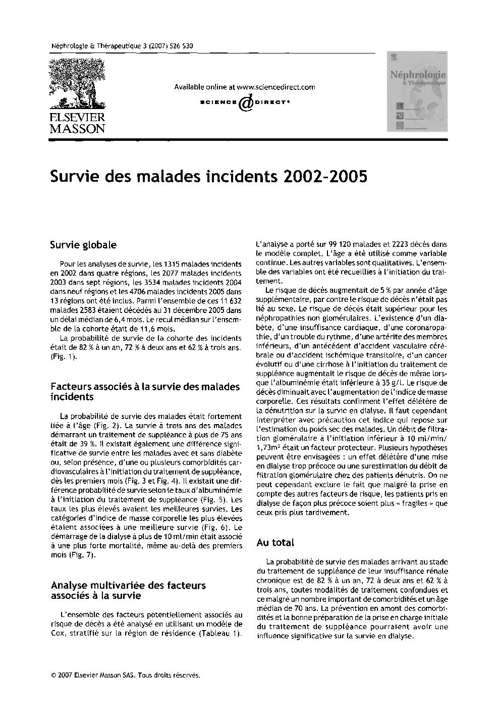 Survie des malades incidents 2002-2005