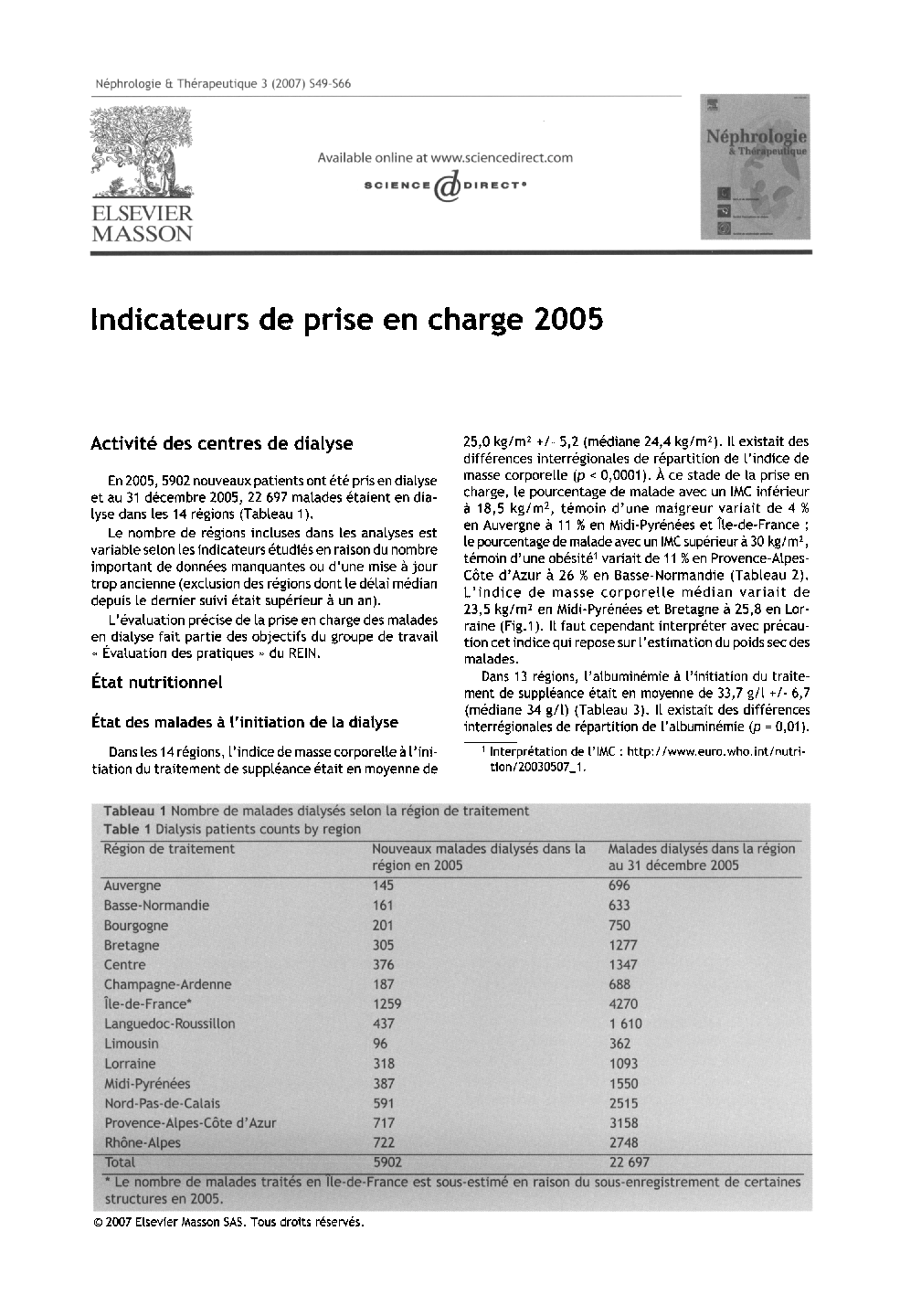 Indicateurs de prise en charge 2005