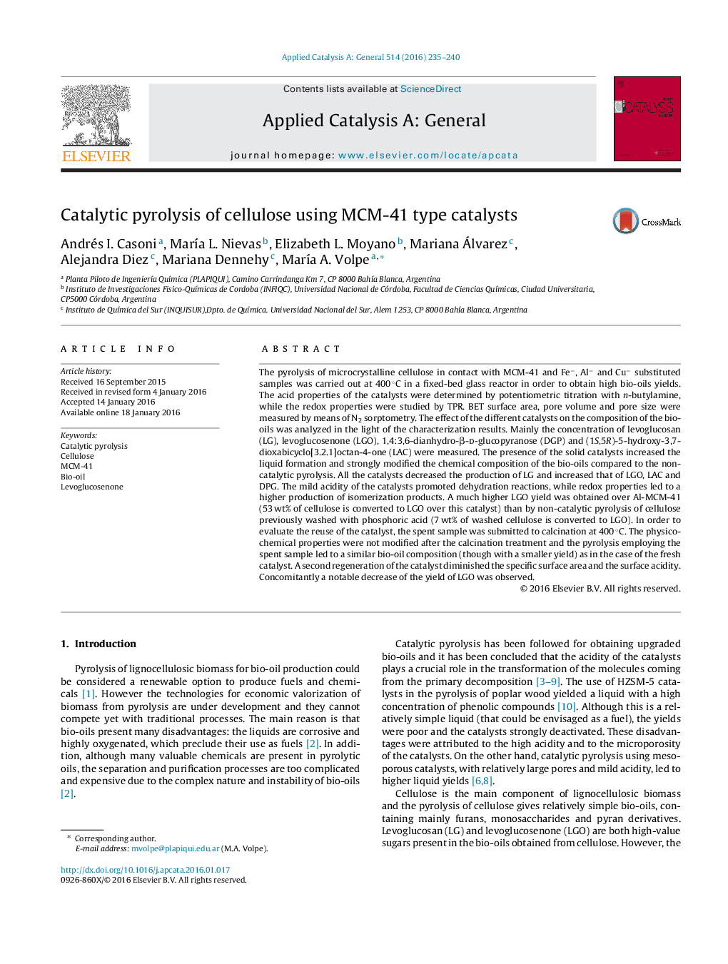 Catalytic pyrolysis of cellulose using MCM-41 type catalysts