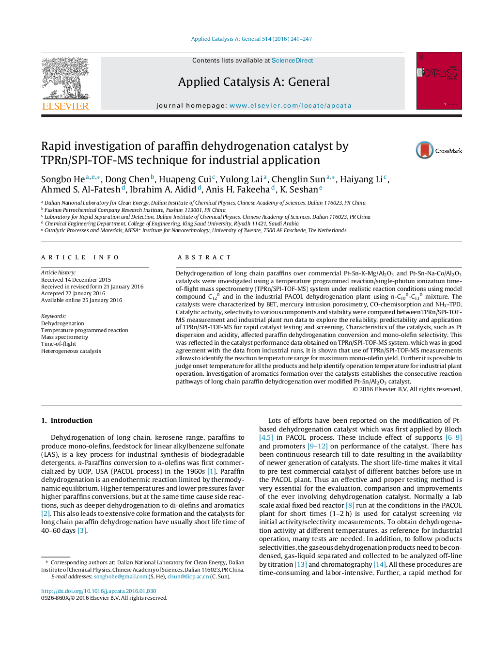 Rapid investigation of paraffin dehydrogenation catalyst by TPRn/SPI-TOF-MS technique for industrial application