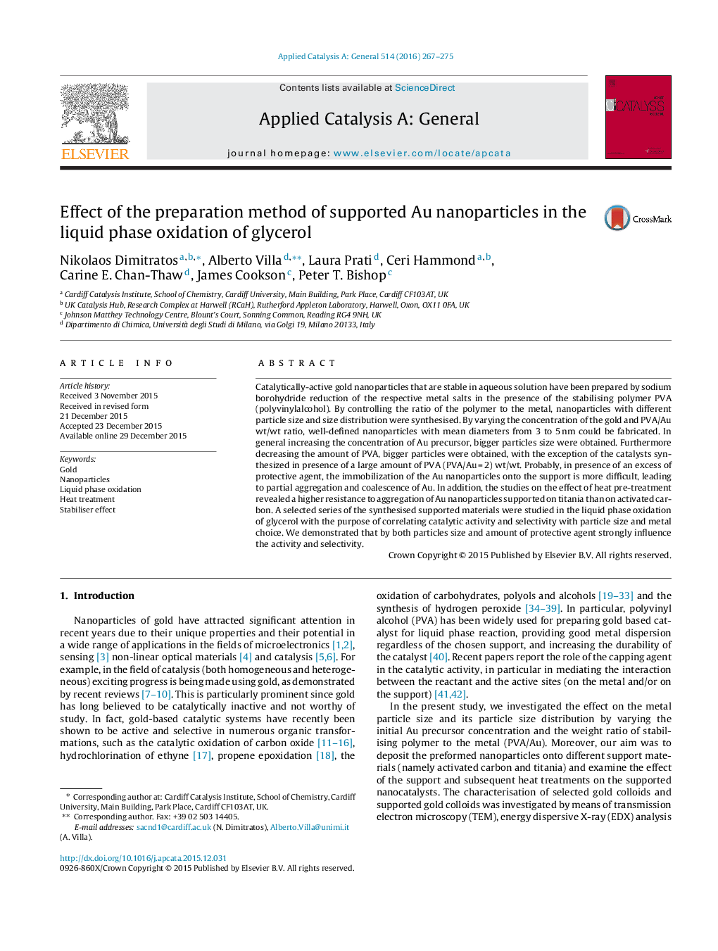 Effect of the preparation method of supported Au nanoparticles in the liquid phase oxidation of glycerol