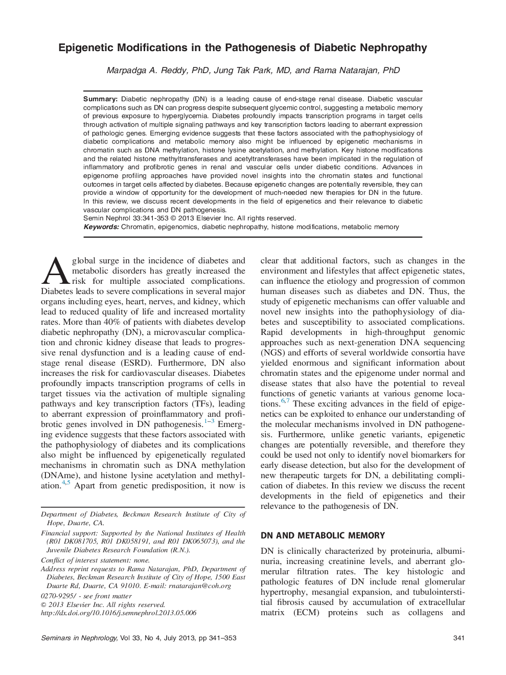 Epigenetic Modifications in the Pathogenesis of Diabetic Nephropathy