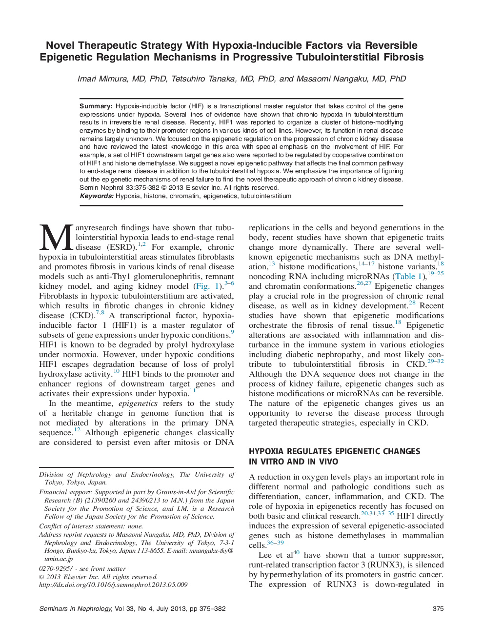 Novel Therapeutic Strategy With Hypoxia-Inducible Factors via Reversible Epigenetic Regulation Mechanisms in Progressive Tubulointerstitial Fibrosis