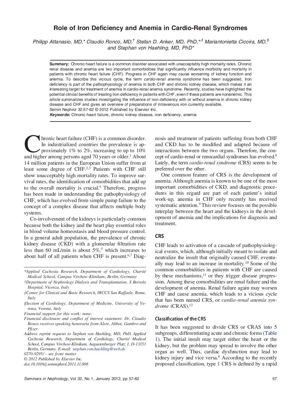 Role of Iron Deficiency and Anemia in Cardio-Renal Syndromes 