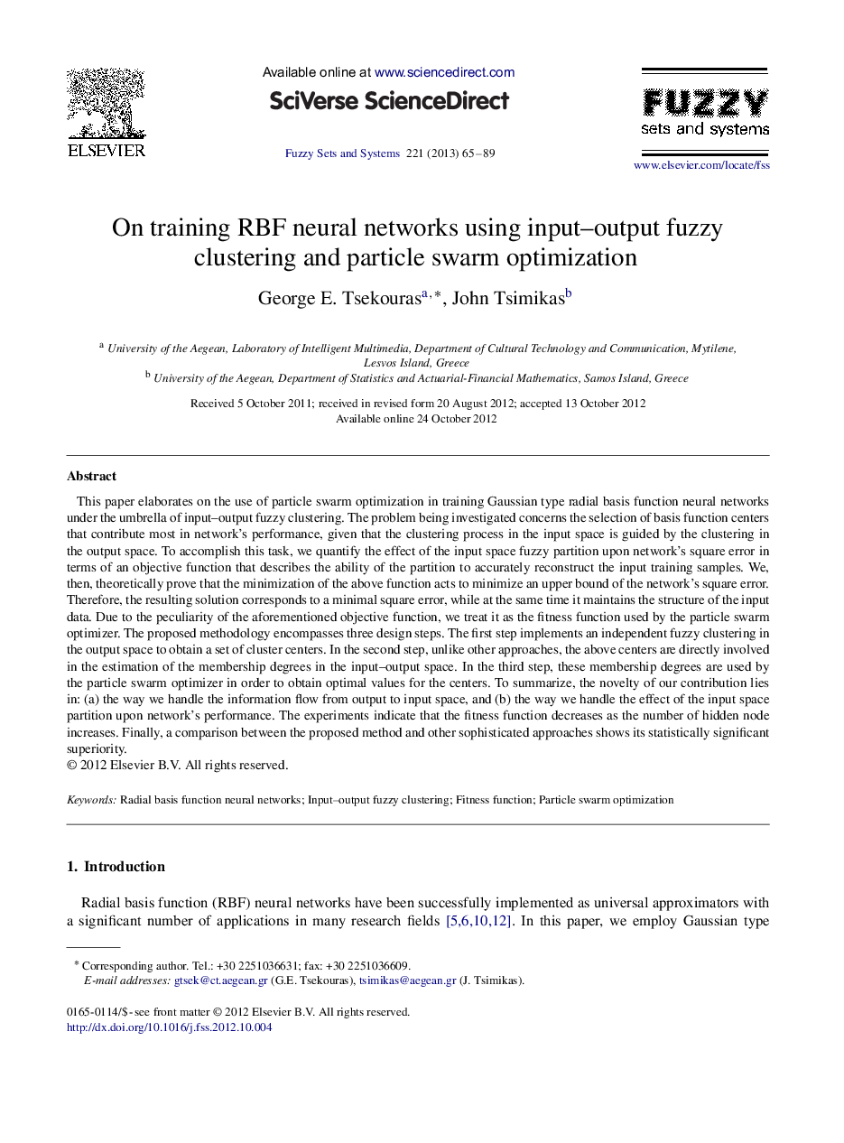 On training RBF neural networks using input–output fuzzy clustering and particle swarm optimization