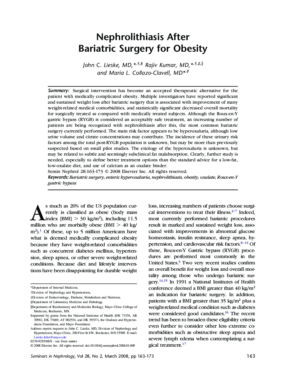 Nephrolithiasis After Bariatric Surgery for Obesity