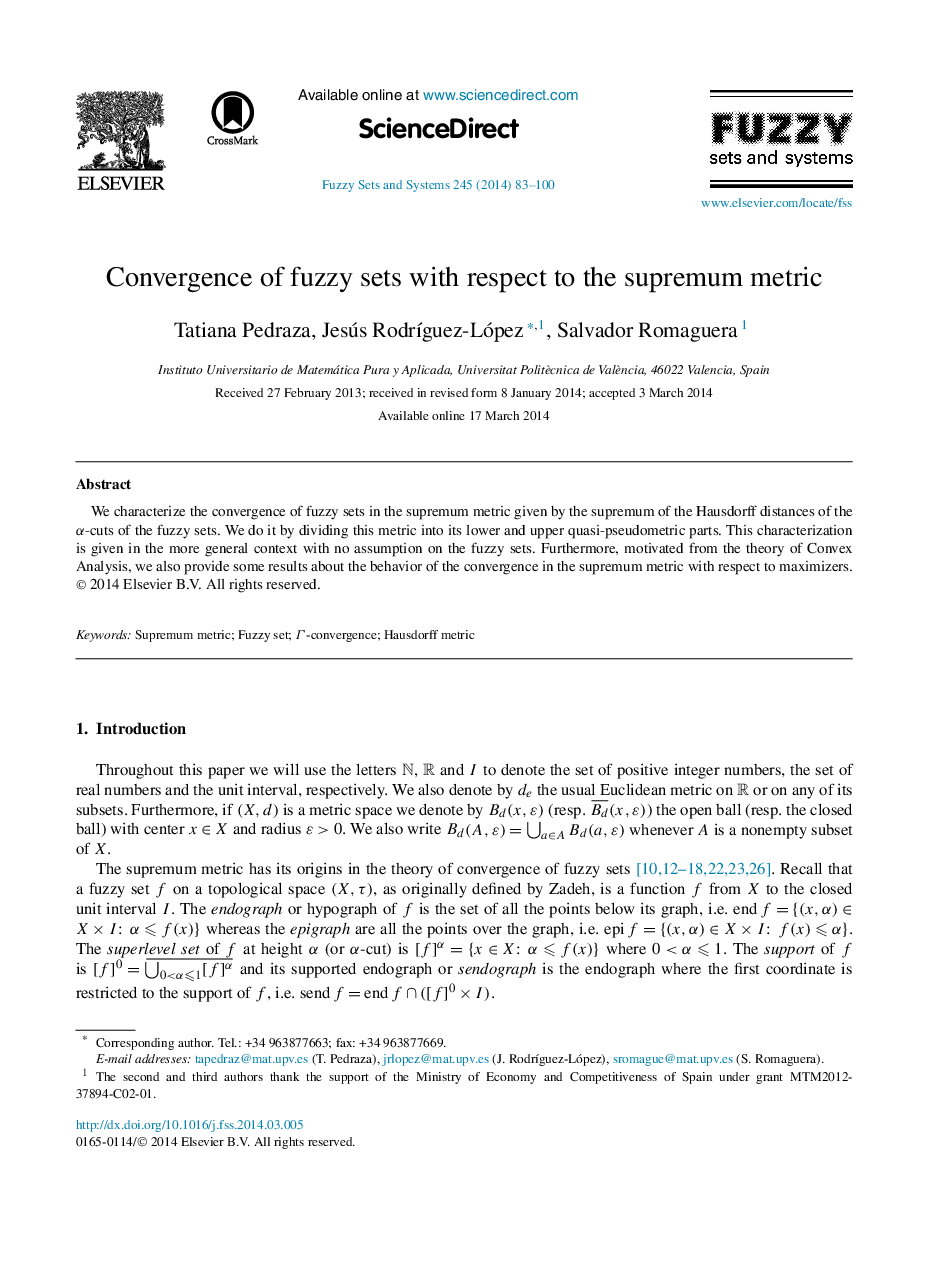 Convergence of fuzzy sets with respect to the supremum metric