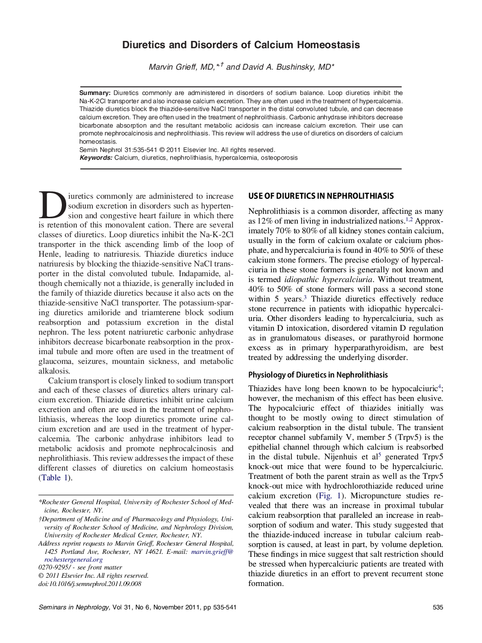 Diuretics and Disorders of Calcium Homeostasis