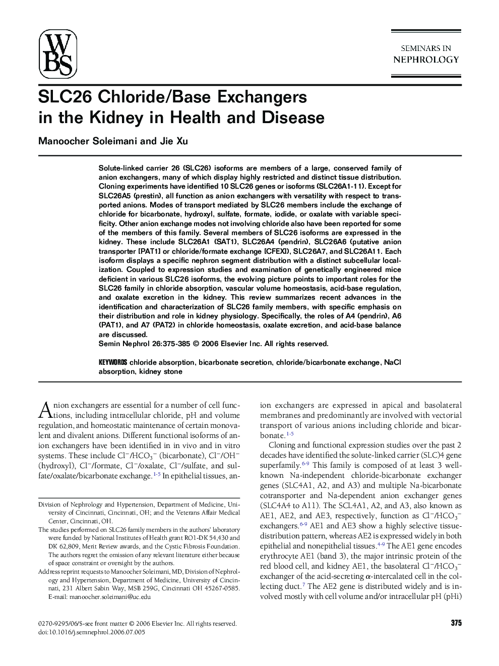 SLC26 Chloride/Base Exchangers in the Kidney in Health and Disease