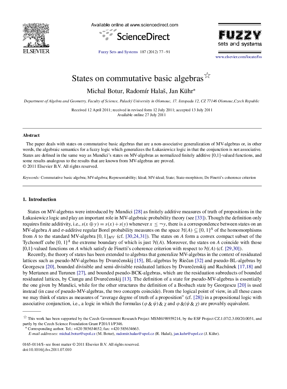 States on commutative basic algebras 