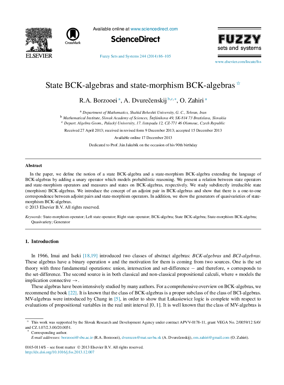 عکس صفحه اول مقاله: State BCK-algebras and state-morphism BCK-algebras State BCK-algebras and state-morphism BCK-algebras