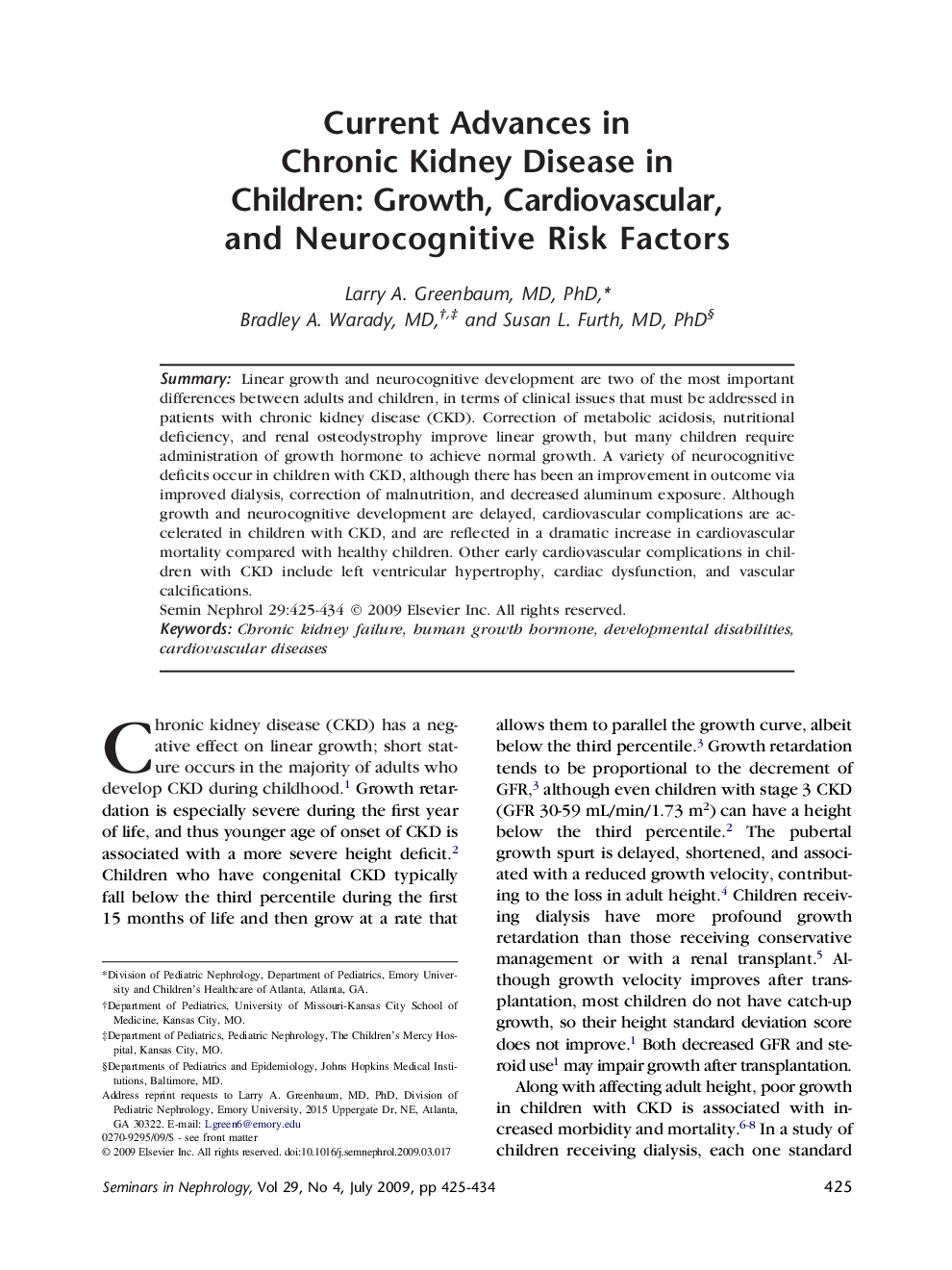 Current Advances in Chronic Kidney Disease in Children: Growth, Cardiovascular, and Neurocognitive Risk Factors