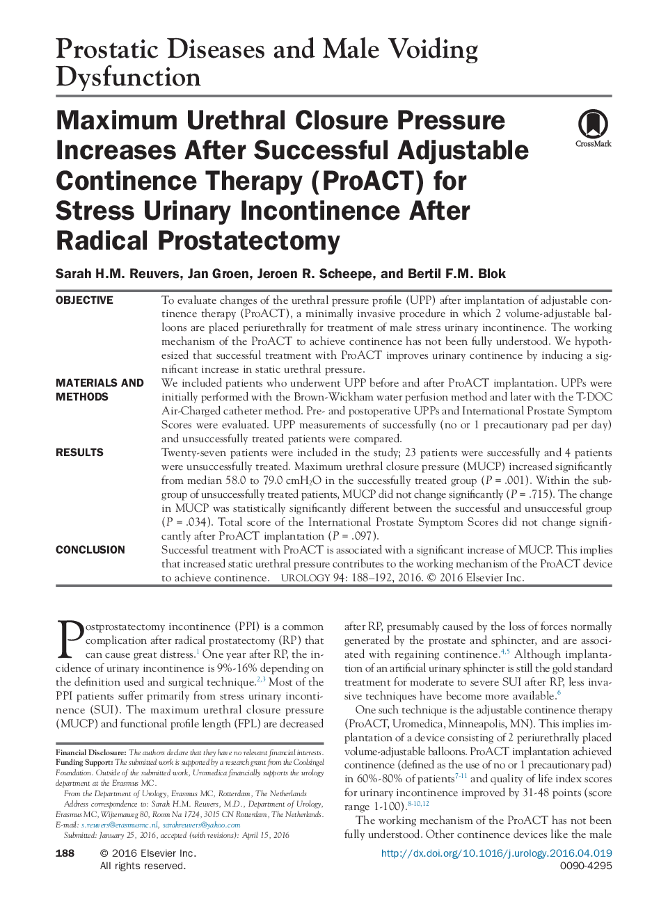 Maximum Urethral Closure Pressure Increases After Successful Adjustable Continence Therapy (ProACT) for Stress Urinary Incontinence After Radical Prostatectomy 