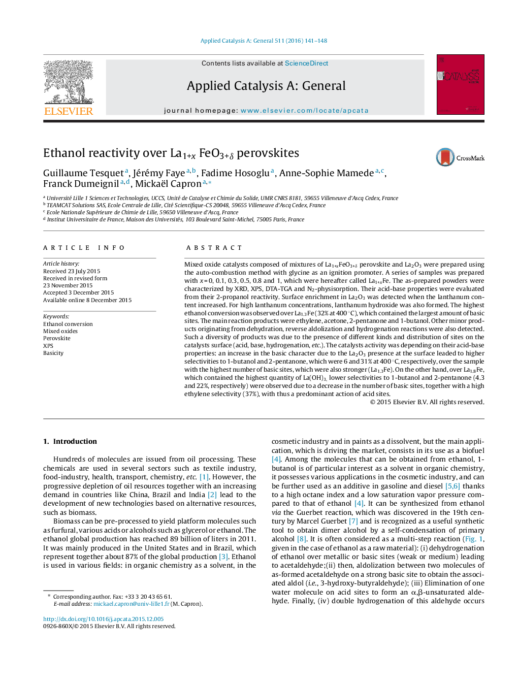 Ethanol reactivity over La1+x FeO3+δ perovskites