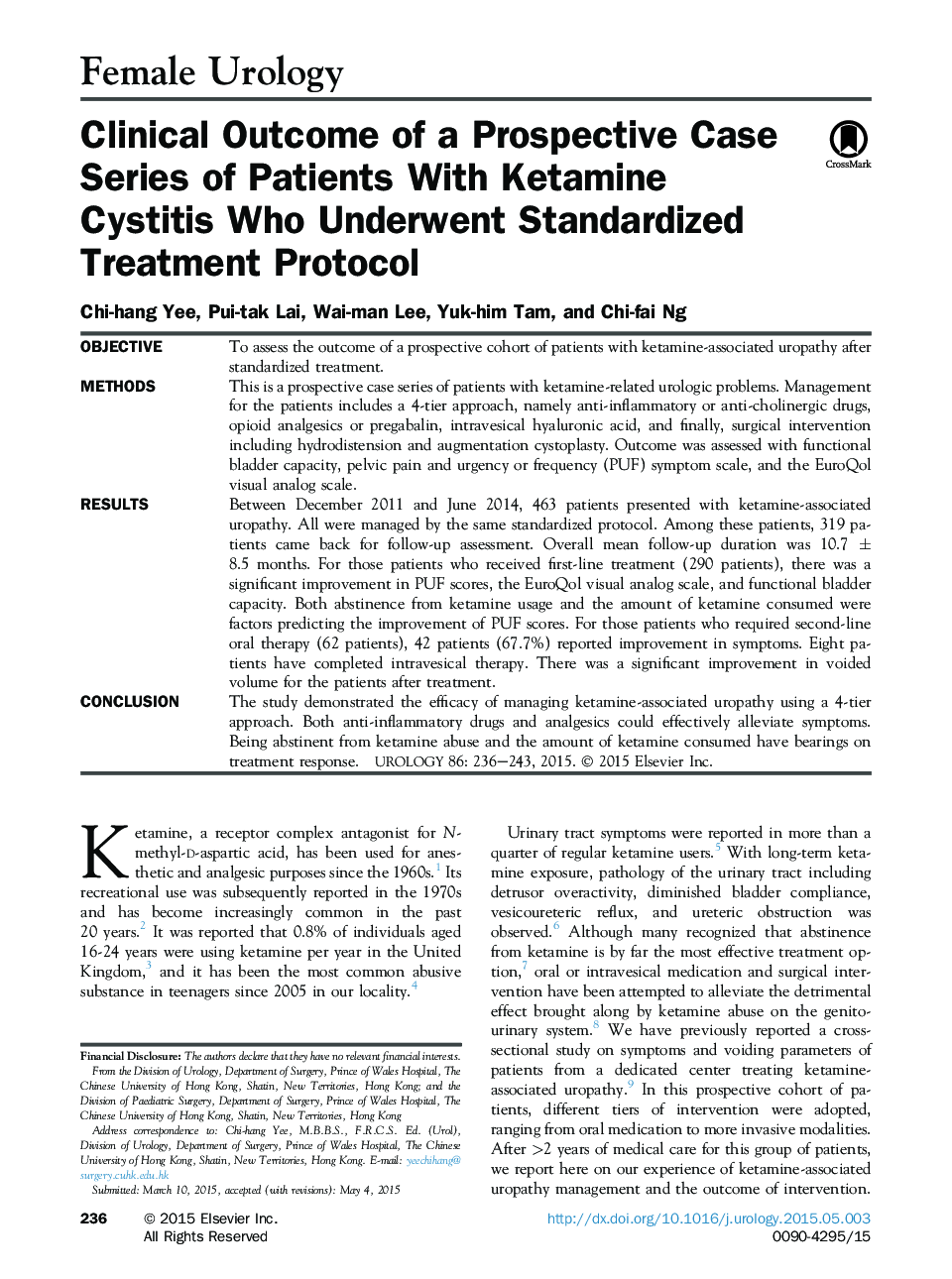 Clinical Outcome of a Prospective Case Series of Patients With Ketamine Cystitis Who Underwent Standardized Treatment Protocol 