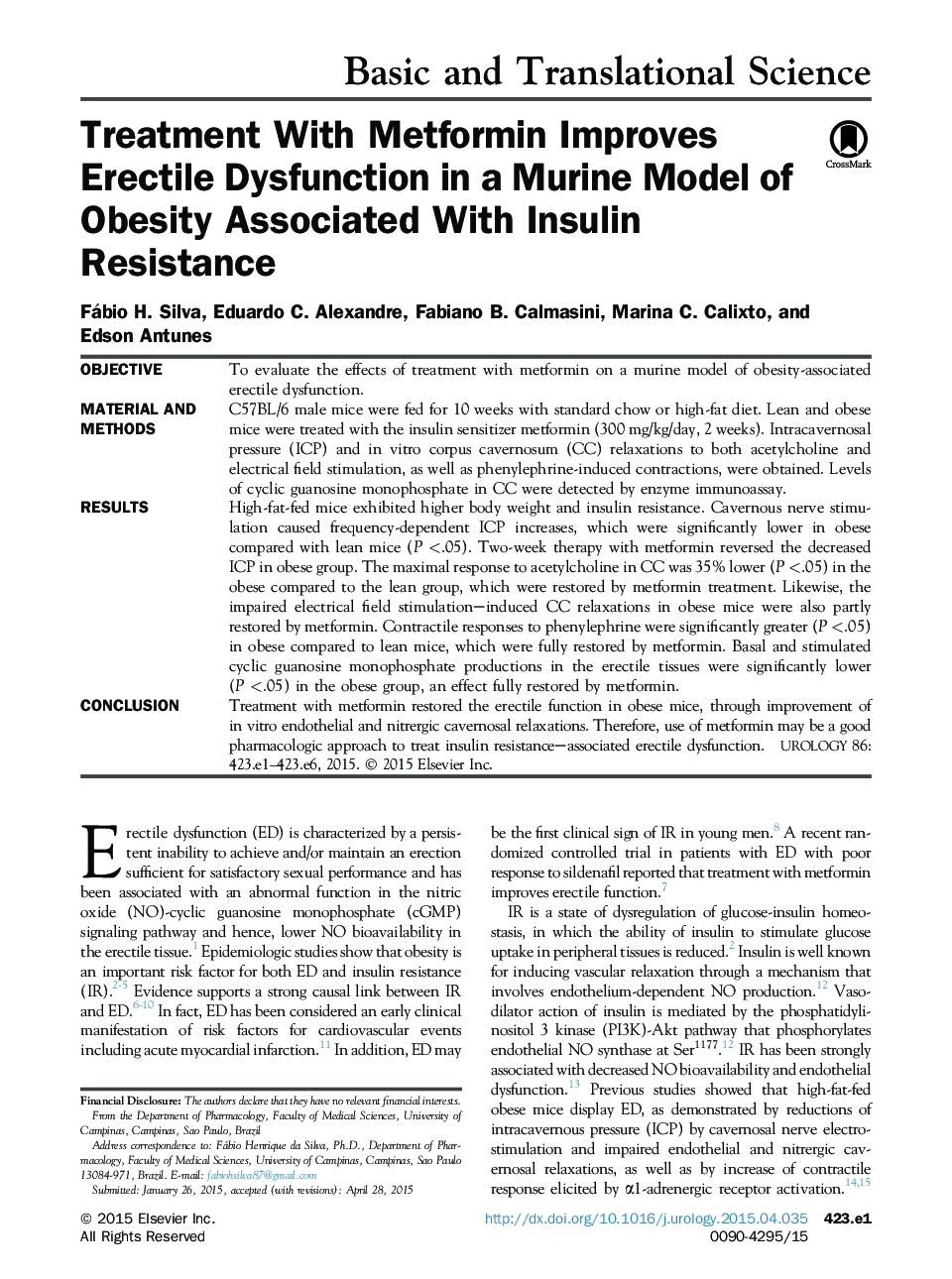 Treatment With Metformin Improves Erectile Dysfunction in a Murine Model of Obesity Associated With Insulin Resistance