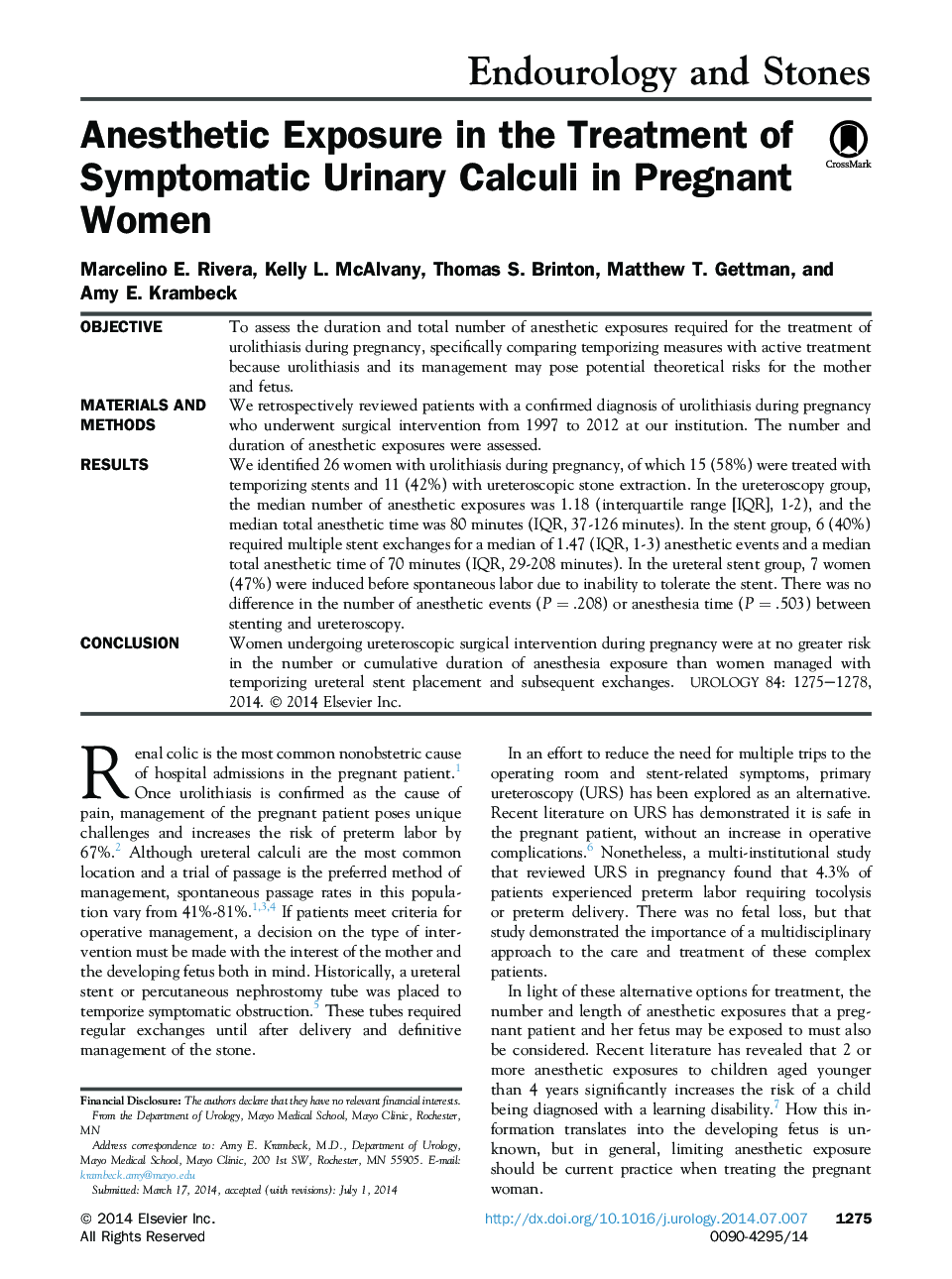 Anesthetic Exposure in the Treatment of Symptomatic Urinary Calculi in Pregnant Women 