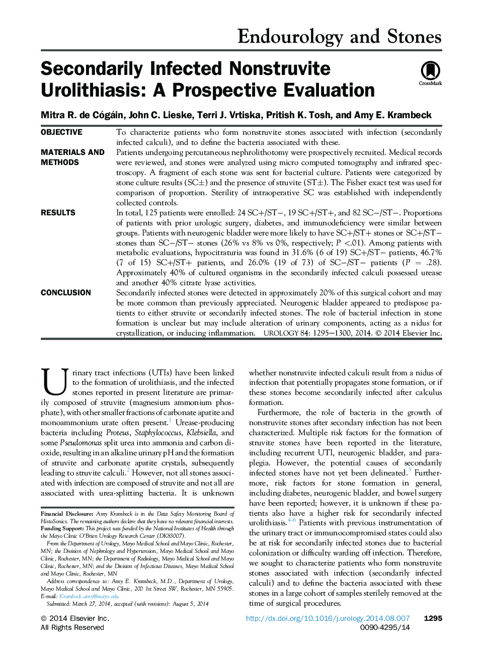 Secondarily Infected Nonstruvite Urolithiasis: A Prospective Evaluation 