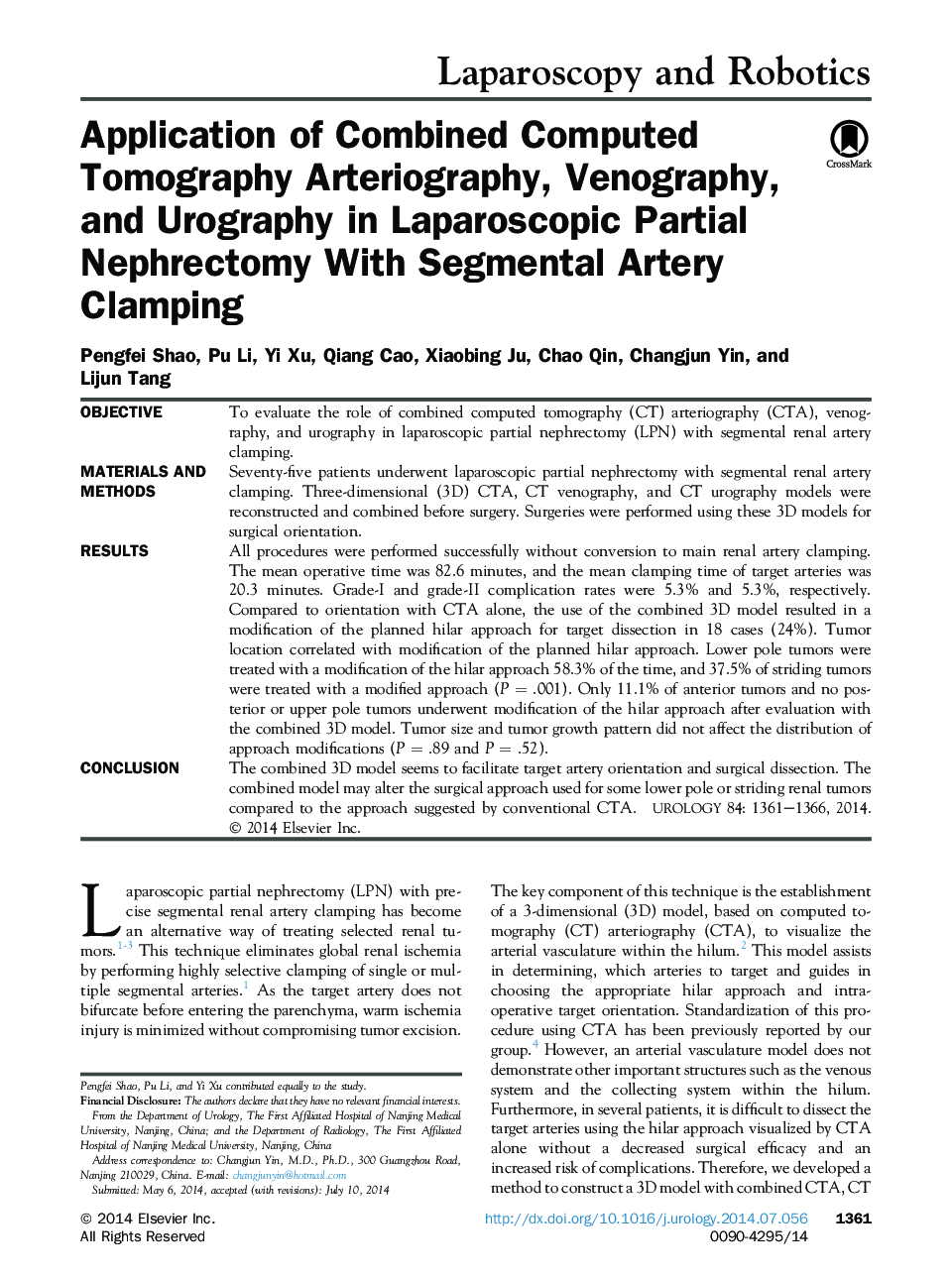 Application of Combined Computed Tomography Arteriography, Venography, and Urography in Laparoscopic Partial Nephrectomy With Segmental Artery Clamping 