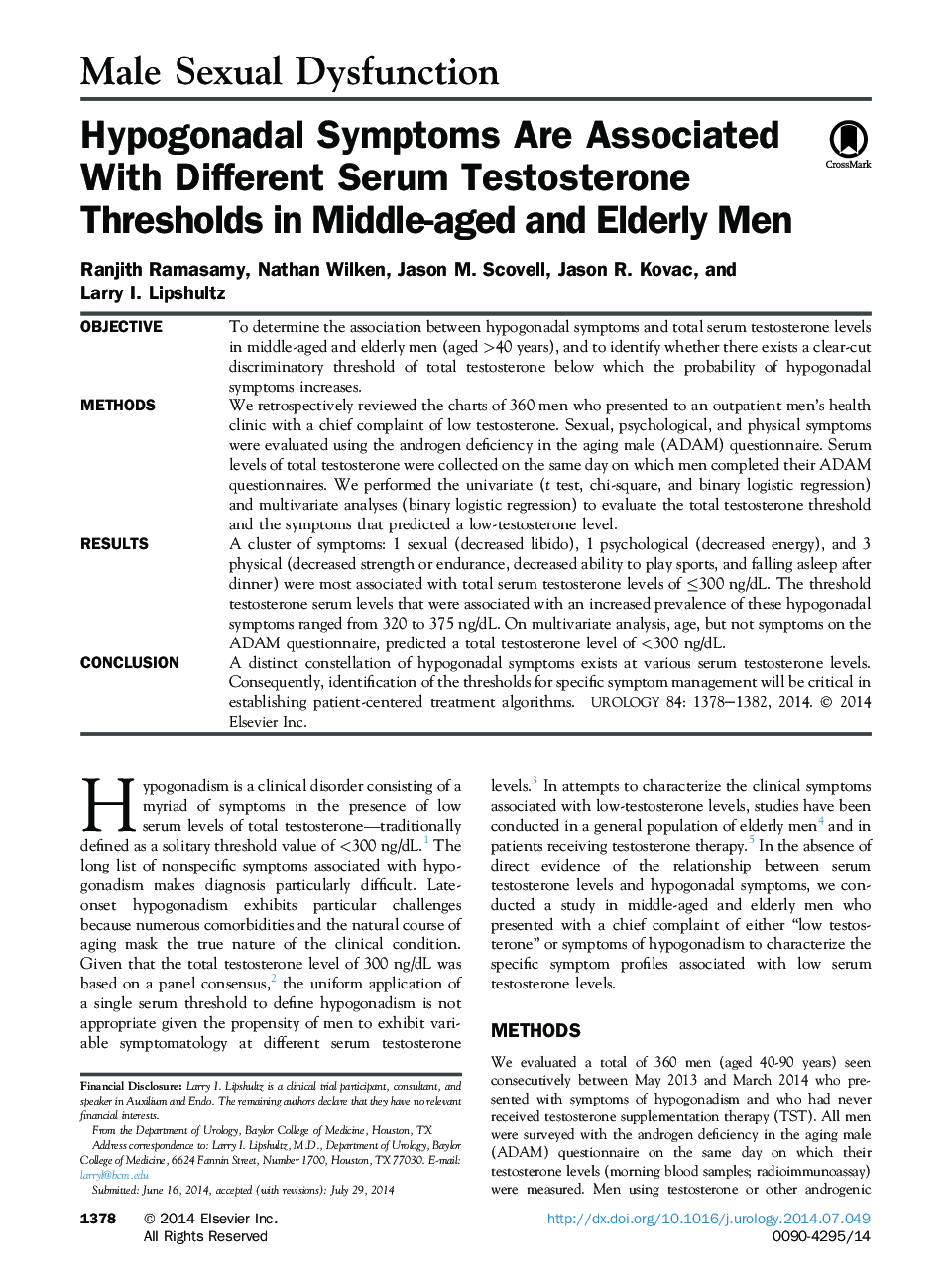 Hypogonadal Symptoms Are Associated With Different Serum Testosterone Thresholds in Middle-aged and Elderly Men 