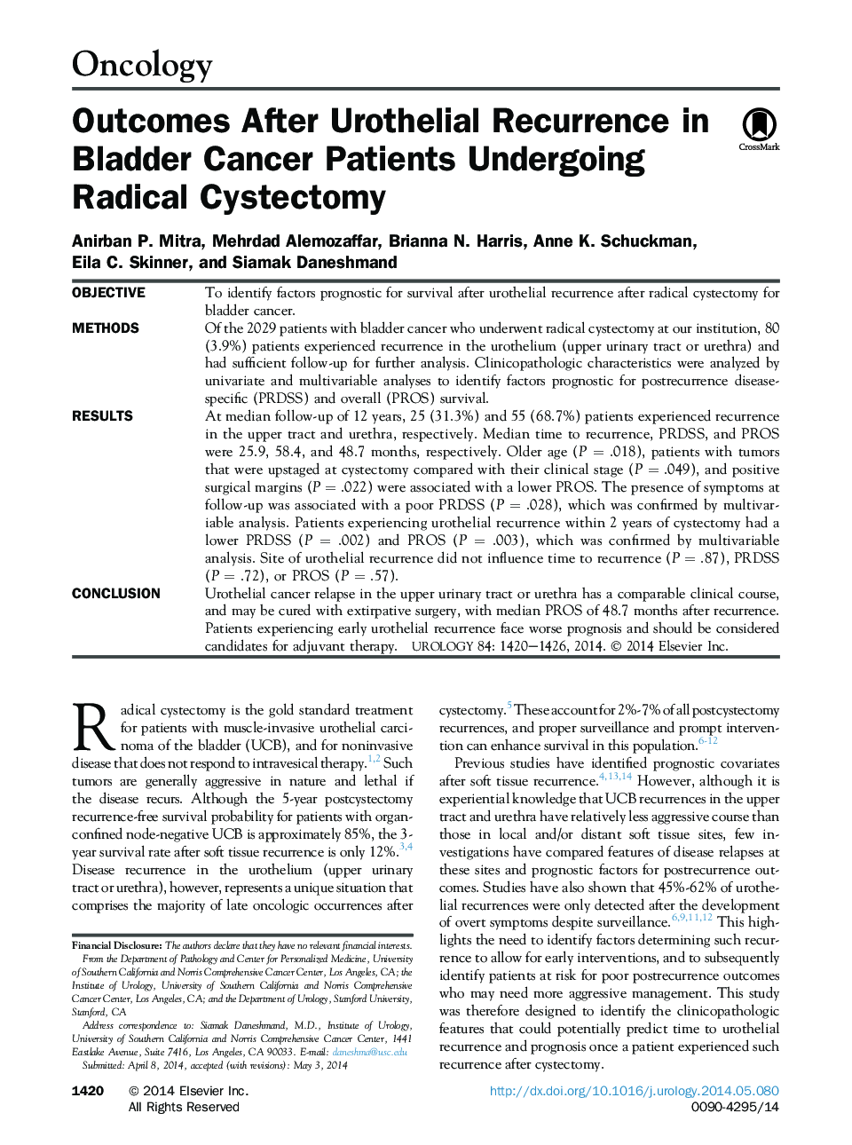 Outcomes After Urothelial Recurrence in Bladder Cancer Patients Undergoing Radical Cystectomy 