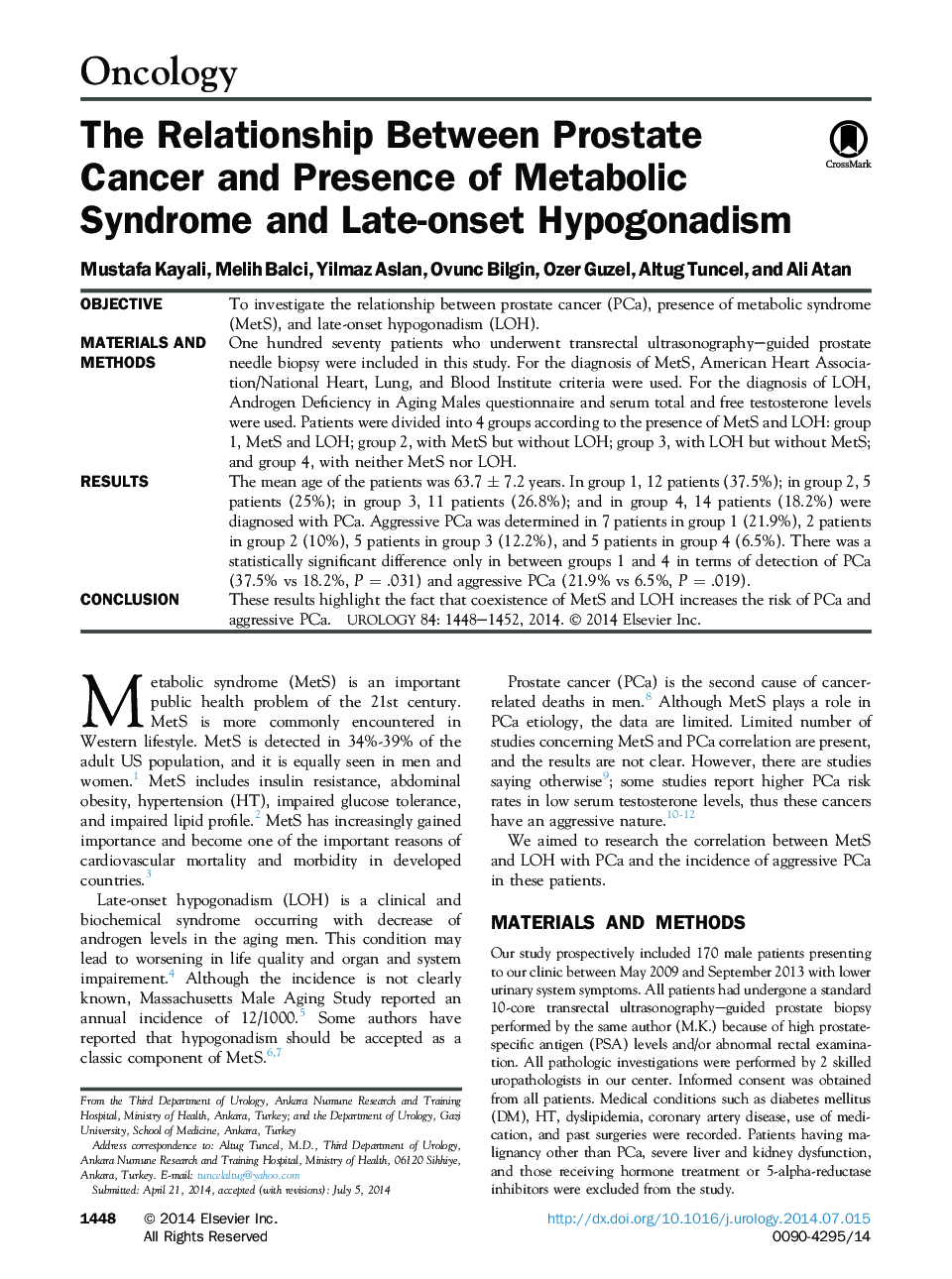 The Relationship Between Prostate Cancer and Presence of Metabolic Syndrome and Late-onset Hypogonadism