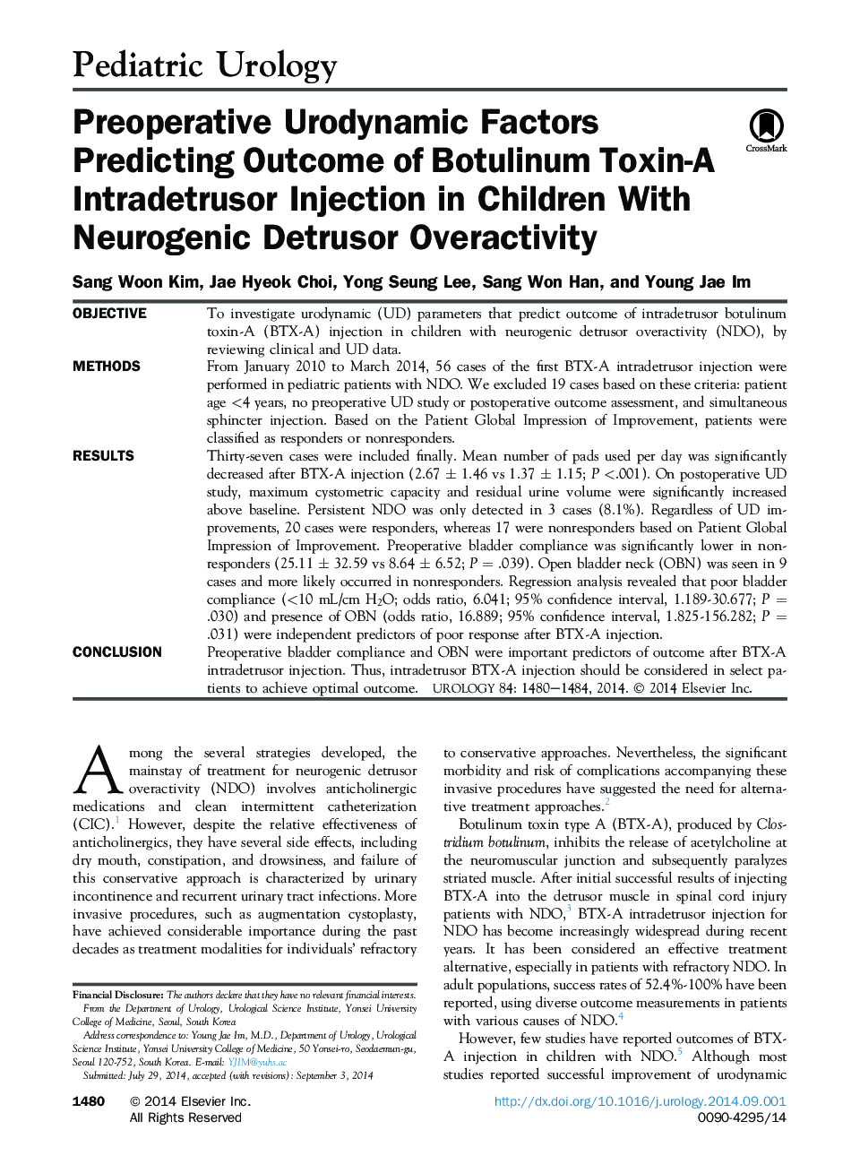 Preoperative Urodynamic Factors Predicting Outcome of Botulinum Toxin-A Intradetrusor Injection in Children With Neurogenic Detrusor Overactivity 