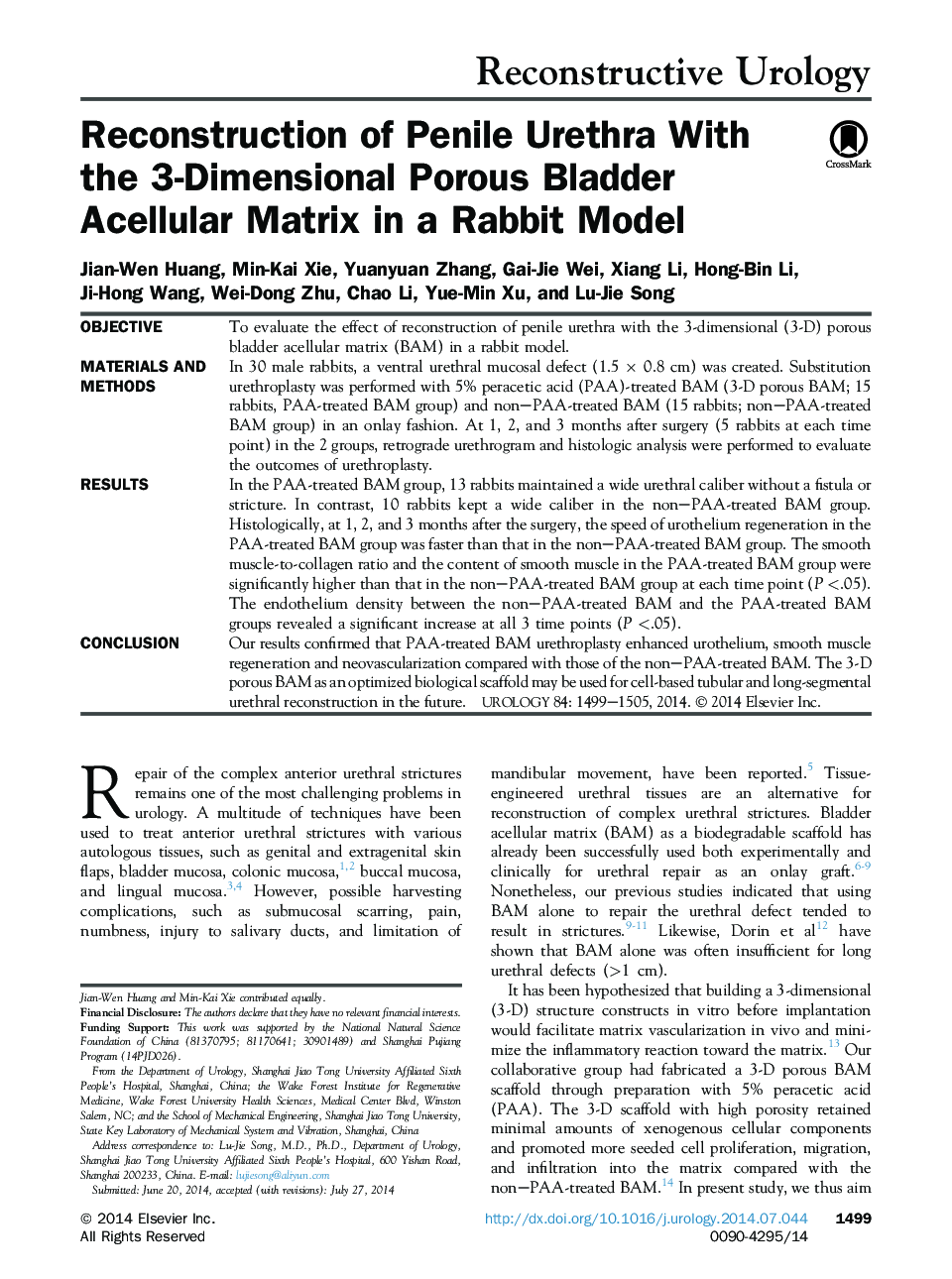 Reconstruction of Penile Urethra With the 3-Dimensional Porous Bladder Acellular Matrix in a Rabbit Model 