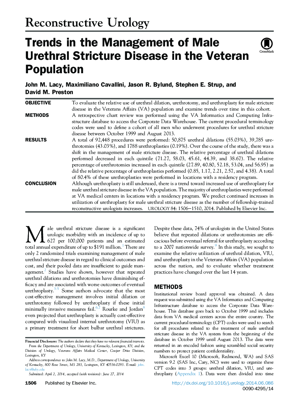 Trends in the Management of Male Urethral Stricture Disease in the Veteran Population 