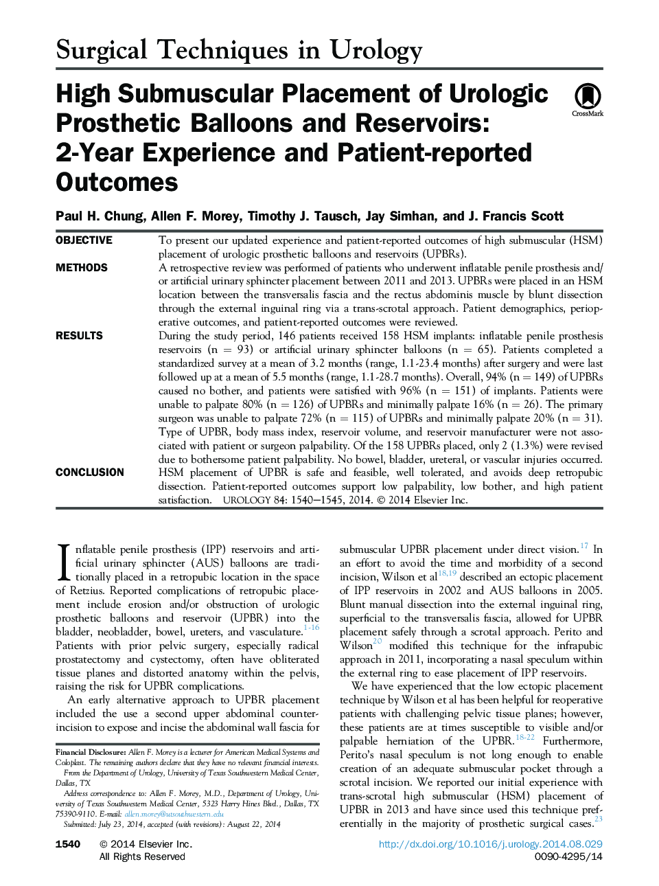 High Submuscular Placement of Urologic Prosthetic Balloons and Reservoirs: 2-Year Experience and Patient-reported Outcomes 