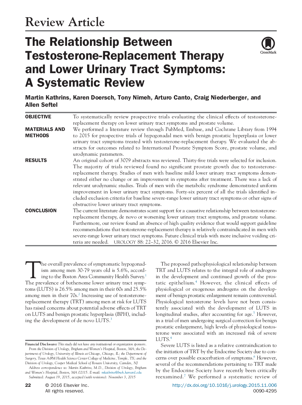 The Relationship Between Testosterone-Replacement Therapy and Lower Urinary Tract Symptoms: A Systematic Review 