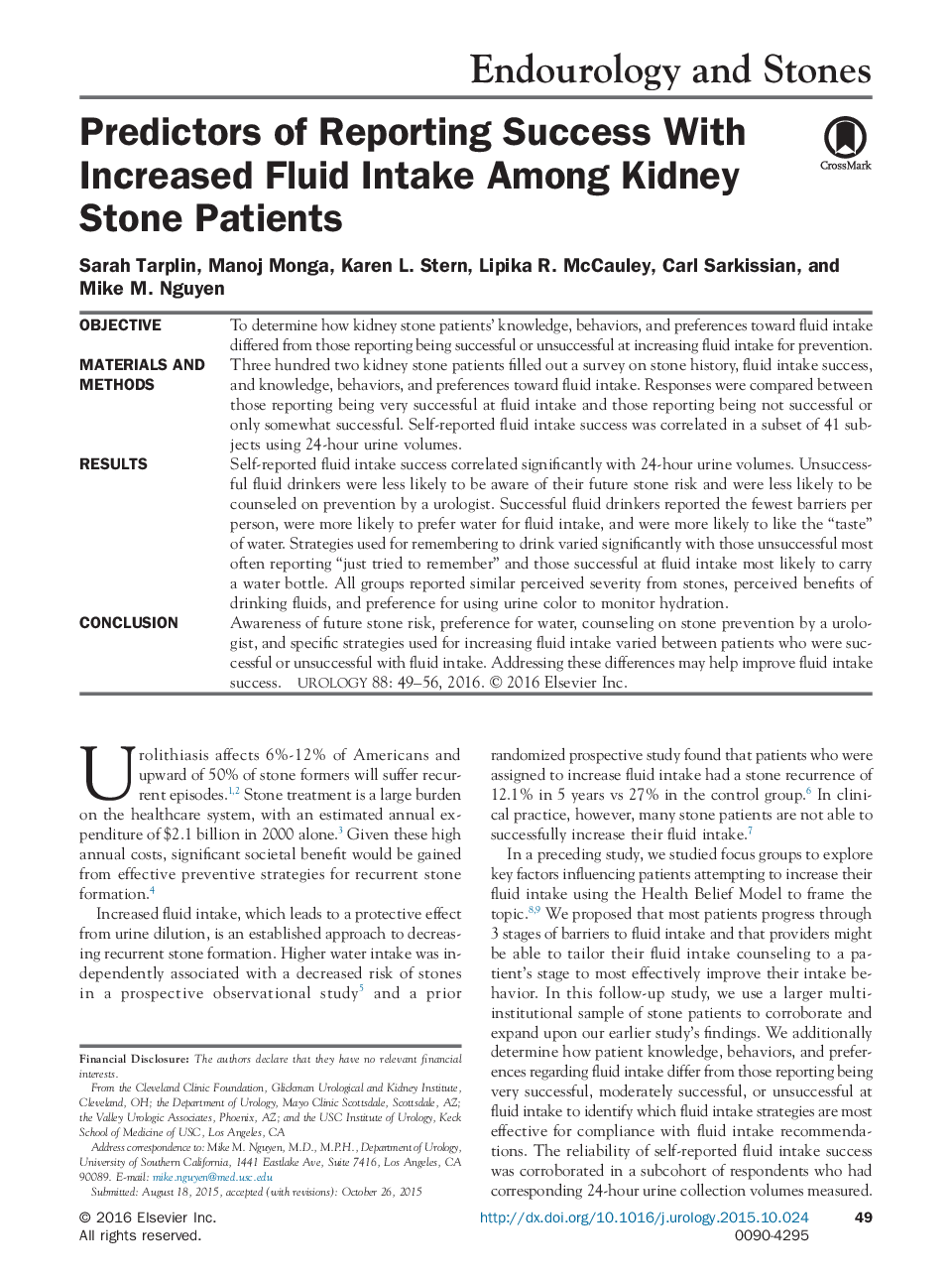 Predictors of Reporting Success With Increased Fluid Intake Among Kidney Stone Patients 